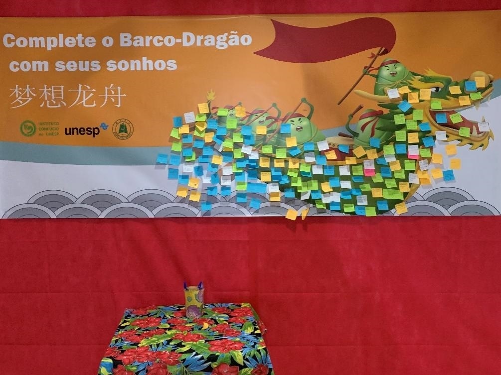 活動現(xiàn)場設(shè)置了“夢想龍舟”環(huán)節(jié)，大家將自己寫下的心愿貼在“龍舟”上，期盼“龍舟”承載自己的夢想駛向更美好的未來。（圣保羅州立大學(xué)孔子學(xué)院供圖）