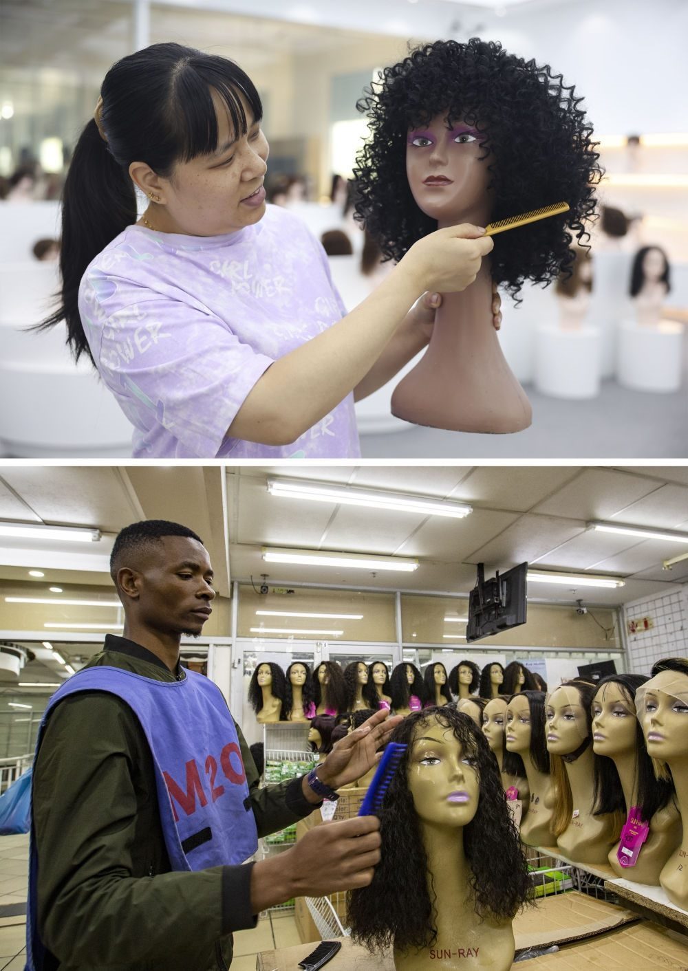 拼版照片：上圖為2023年5月25日，工人在湖南邵陽(yáng)陽(yáng)光發(fā)品有限公司展廳展示假發(fā)（新華社記者薛宇舸攝）；下圖為2023年6月9日，一名店員在湖南邵陽(yáng)陽(yáng)光發(fā)品有限公司位于南非約翰內(nèi)斯堡的店鋪內(nèi)展示假發(fā)（新華社記者張譽(yù)東攝）。新華社發(fā)