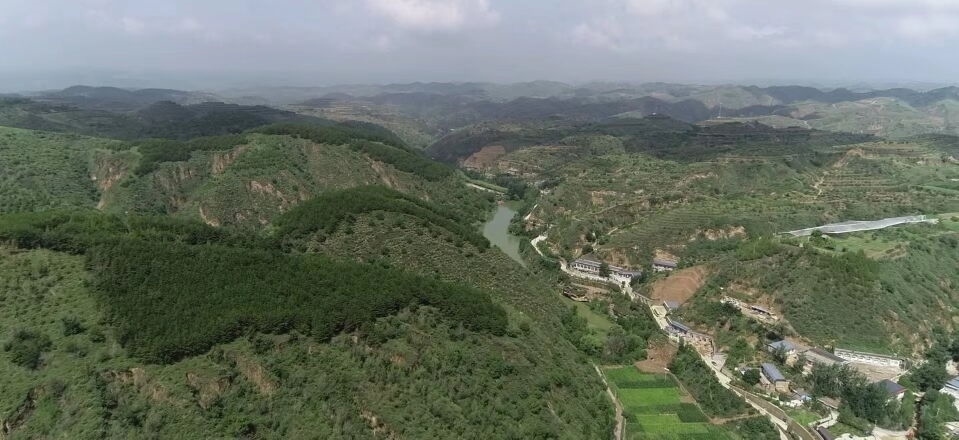 黃土溝壑中的高西溝村滿眼綠色（無人機(jī)照片，2023年7月26日）。新華社記者陳昌奇 攝