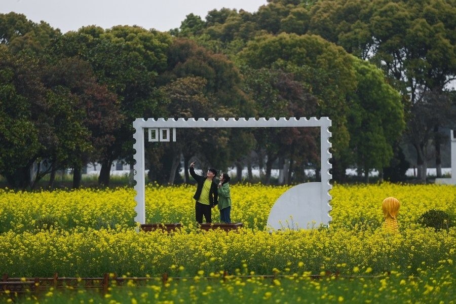  游客在浙江嘉興市秀洲區(qū)王店鎮(zhèn)鎮(zhèn)中村的“青青樂地”農(nóng)耕文化園內(nèi)游玩（2023年4月3日攝）。
