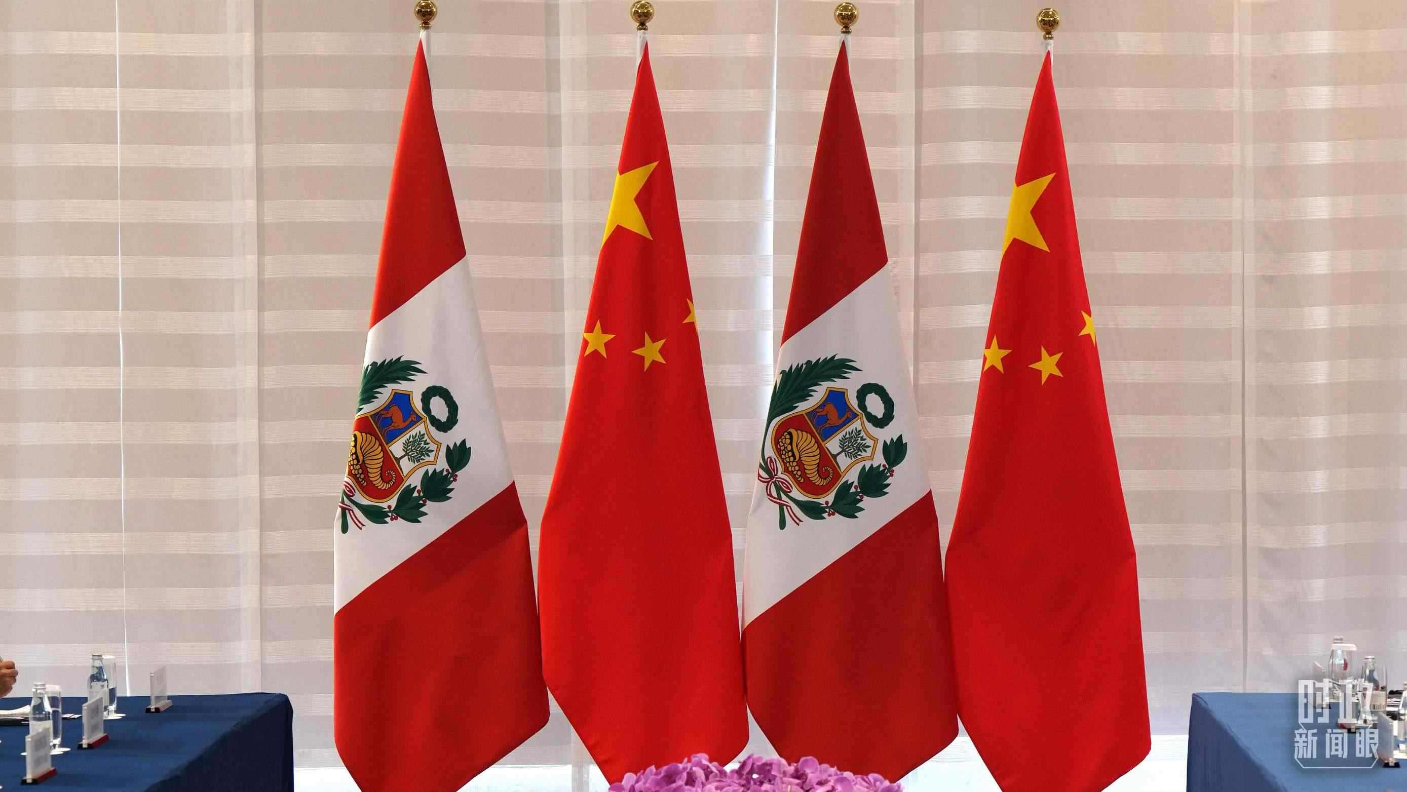 △會談現(xiàn)場的中秘兩國國旗。（總臺國廣記者李晉拍攝）