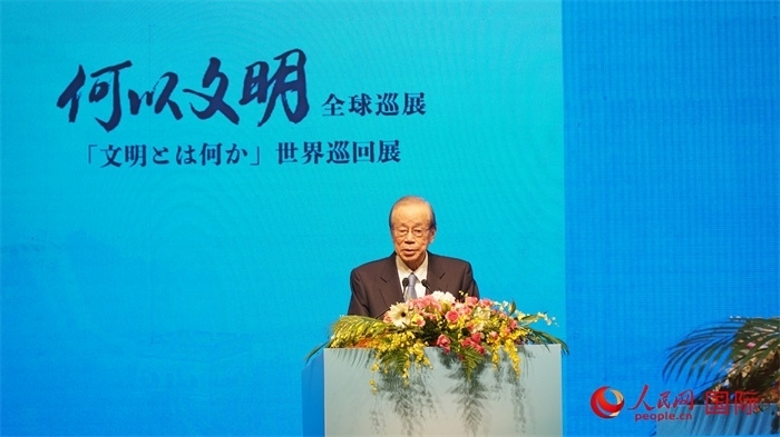 日本前首相福田康夫致辭。人民網(wǎng) 蔣曉辰攝