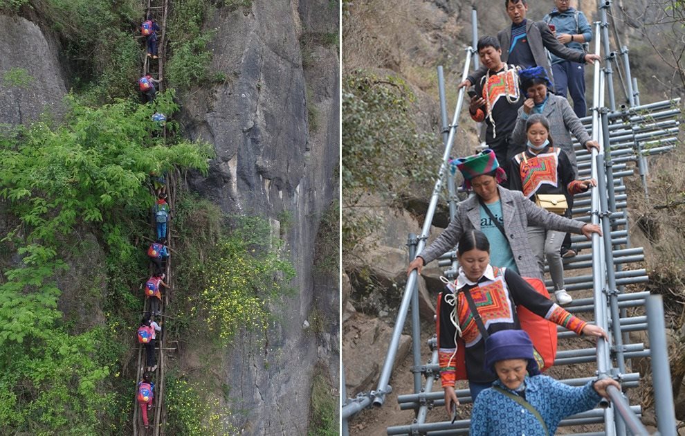 “懸崖村”今昔對(duì)比：左圖為2016年5月14日，“懸崖村”的孩子們攀爬木梯回家。右圖為2020年5月13日，“懸崖村”村民帶著行李通過(guò)鋼梯下山，搬遷至易地扶貧集中安置點(diǎn)的新家。