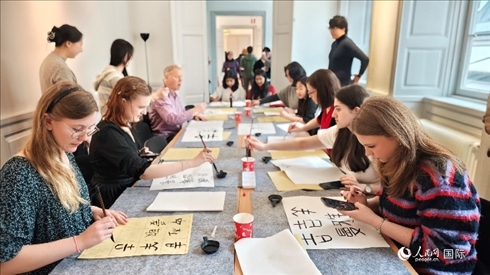 瑞典書法愛好者專心學習書法。人民網(wǎng)記者 殷淼攝