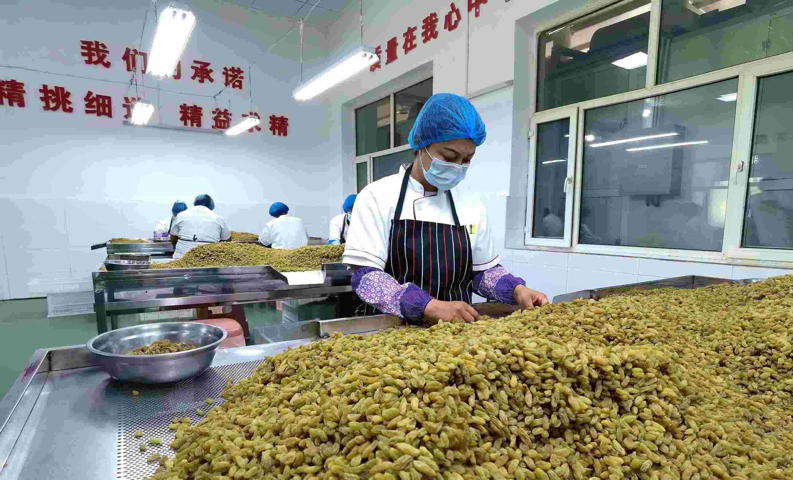 新疆吐魯番市高昌區(qū)亞爾鎮(zhèn)新城西門村，村民們在分揀葡萄干。