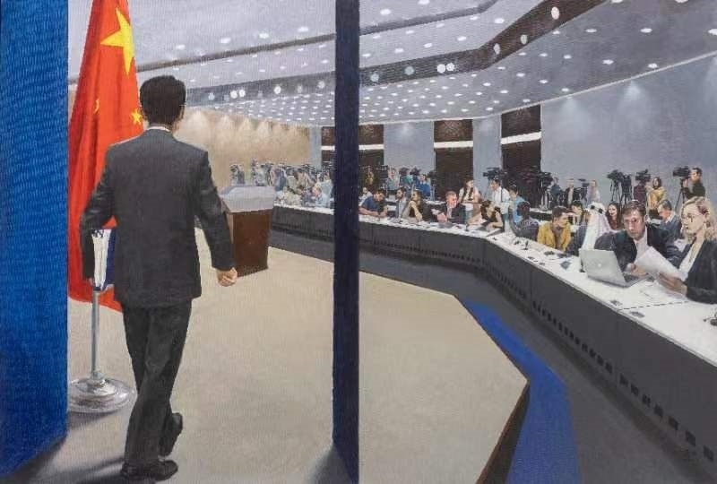 《藍(lán)廳——面向世界的舞臺》布面油畫作品