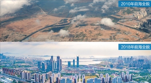 △在前海石公園的前海開發(fā)開放成果展示墻上，一張八年間的前海全貌對比圖。