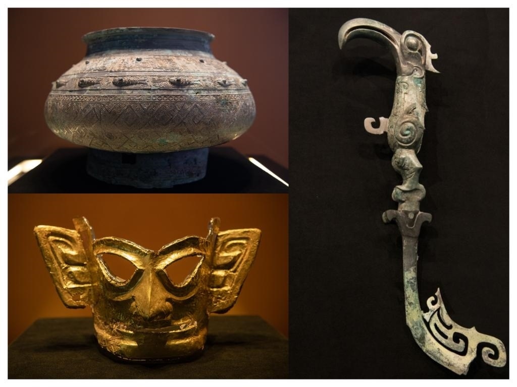 拼版照片：左上圖為青銅瓿，左下圖為黃金面具，右圖為青銅樹枝。新華社記者唐文豪 攝