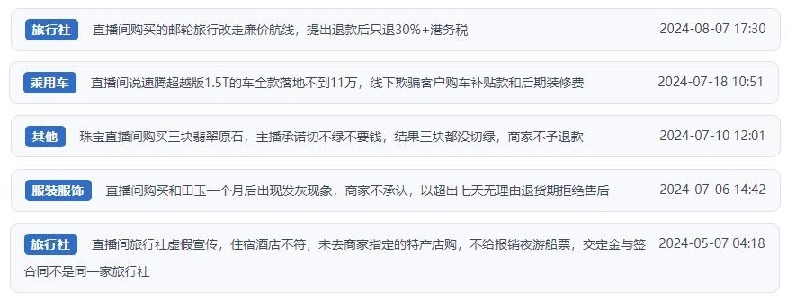 近期網(wǎng)友涉及直播購(gòu)物相關(guān)投訴問題。（“人民投訴”用戶投訴截圖）