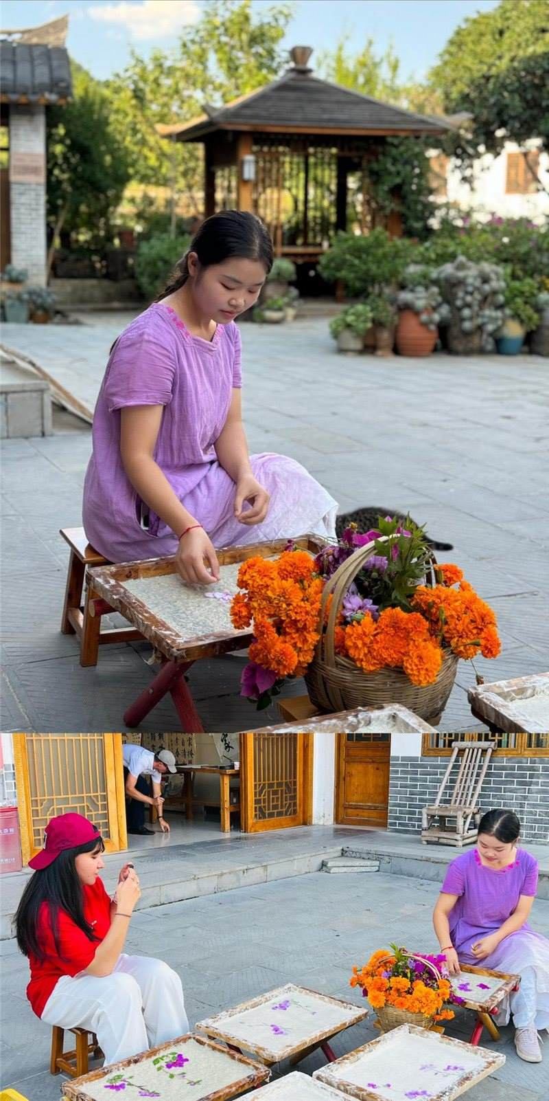 沒(méi)有女生不愛(ài)花。以古法造紙技藝為基礎(chǔ)，再輔以花草枝葉勾勒各式圖案，創(chuàng)作出花茂村獨(dú)具特色的紙漿壓花畫(huà)，少女手中的花是她眼中的風(fēng)景，而她與正在制作的紙漿壓花畫(huà)也是別人眼中的風(fēng)景。（哈薩克斯坦BAQ通訊社高級(jí)記者古爾詹·拉曼庫(kù)洛娃、張亞欣攝）