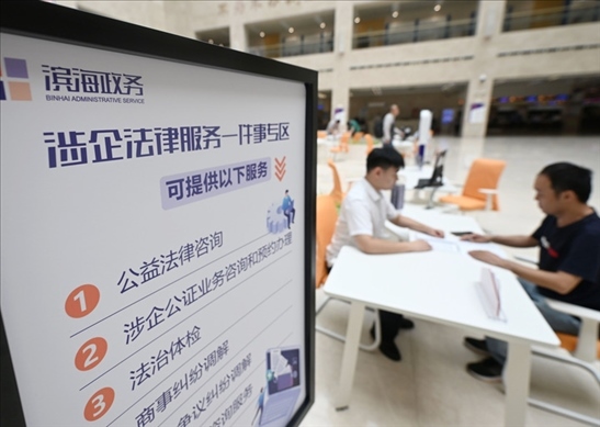 在天津濱海新區(qū)政務服務中心，工作人員在“涉企法律服務一件事”專區(qū)為市民提供服務（2024年7月31日攝）。新華社記者 趙子碩 攝