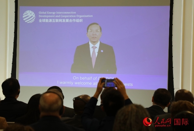 全球能源互聯(lián)網(wǎng)發(fā)展合作組織主席、中國(guó)電力企業(yè)聯(lián)合會(huì)理事長(zhǎng)辛保安通過視頻方式致辭。人民網(wǎng)記者 李志偉攝