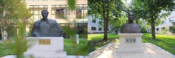 拼版照片：左圖為中央黨校（國家行政學(xué)院）校園內(nèi)的焦裕祿雕塑；右圖為中央黨校（國家行政學(xué)院）校園內(nèi)的谷文昌雕塑。