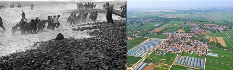 拼版照片：左圖為蘭考群眾在拉淤土壓沙（新華社記者 鄧歷耕 攝）；右圖為2024年4月25日拍攝的蘭考縣張莊村（無人機(jī)照片，新華社記者 郝源 攝）。