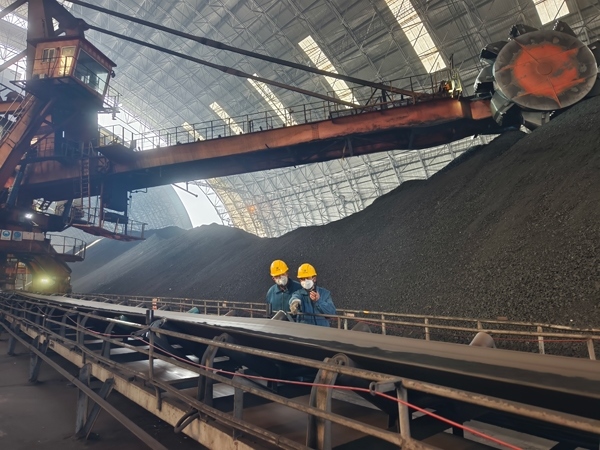 趙善國(guó)（右）和同事對(duì)電廠煤場(chǎng)進(jìn)行巡檢。受訪者供圖