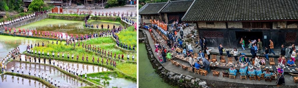 左圖：近期，人們在黎平縣肇興侗寨的田園里演唱侗族大歌（黎平縣委宣傳部供圖）；右圖：這是2023年拍攝的十八洞村長桌宴（湘西州委宣傳部供圖）。