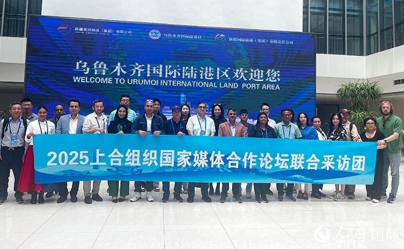 5月26日，外國媒體人在烏魯木齊國際陸港區(qū)合影留念。 人民網記者 翟轉麗攝