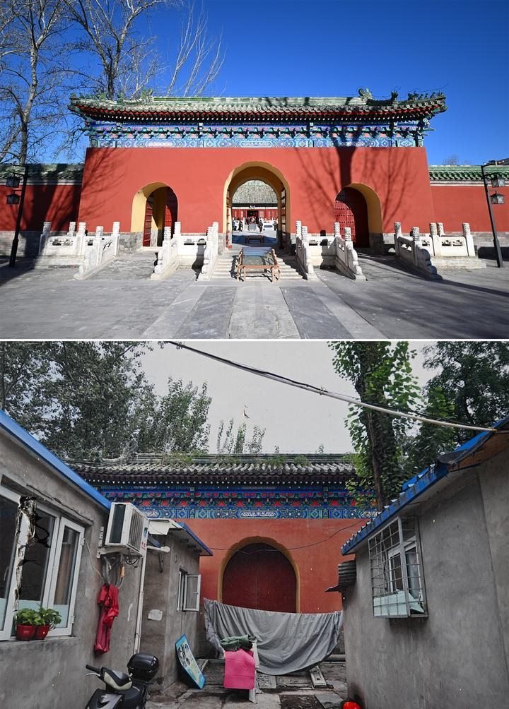 位于先農(nóng)壇內(nèi)的慶成宮，曾長(zhǎng)時(shí)間被雜亂的民居占據(jù)。在北京中軸線申遺保護(hù)工作的帶動(dòng)下，北京完成了慶成宮區(qū)域文物征收騰退、非文物建筑拆除、彩畫保護(hù)、本體修繕、展覽布陳等，讓560多年歷史的古建群重新回歸。2024年12月，北京中軸線上先農(nóng)壇內(nèi)的慶成宮首次面向社會(huì)公眾開放。上圖為騰退修繕后的慶成宮內(nèi)宮門（資料照片）；下圖為翻拍的慶成宮內(nèi)宮門騰退修繕前的資料照片（2024年12月21日攝）。